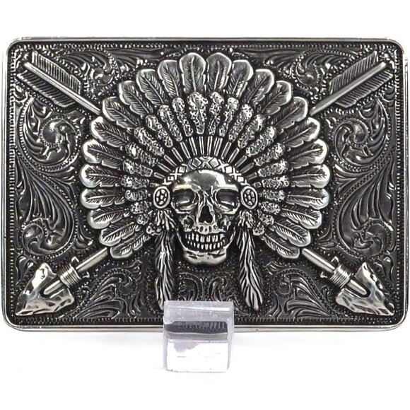 Other - Men's Antique Silver Metallic Imported Rectangle Chief Skull  Belt  Buckle
